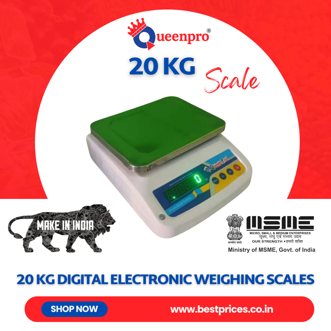 Queen Pro 20Kg Digital Electronic Weighing Scale – Stainless Steel Counter Model with Tare Function, Low Power Consumption & Multi-Unit Display
