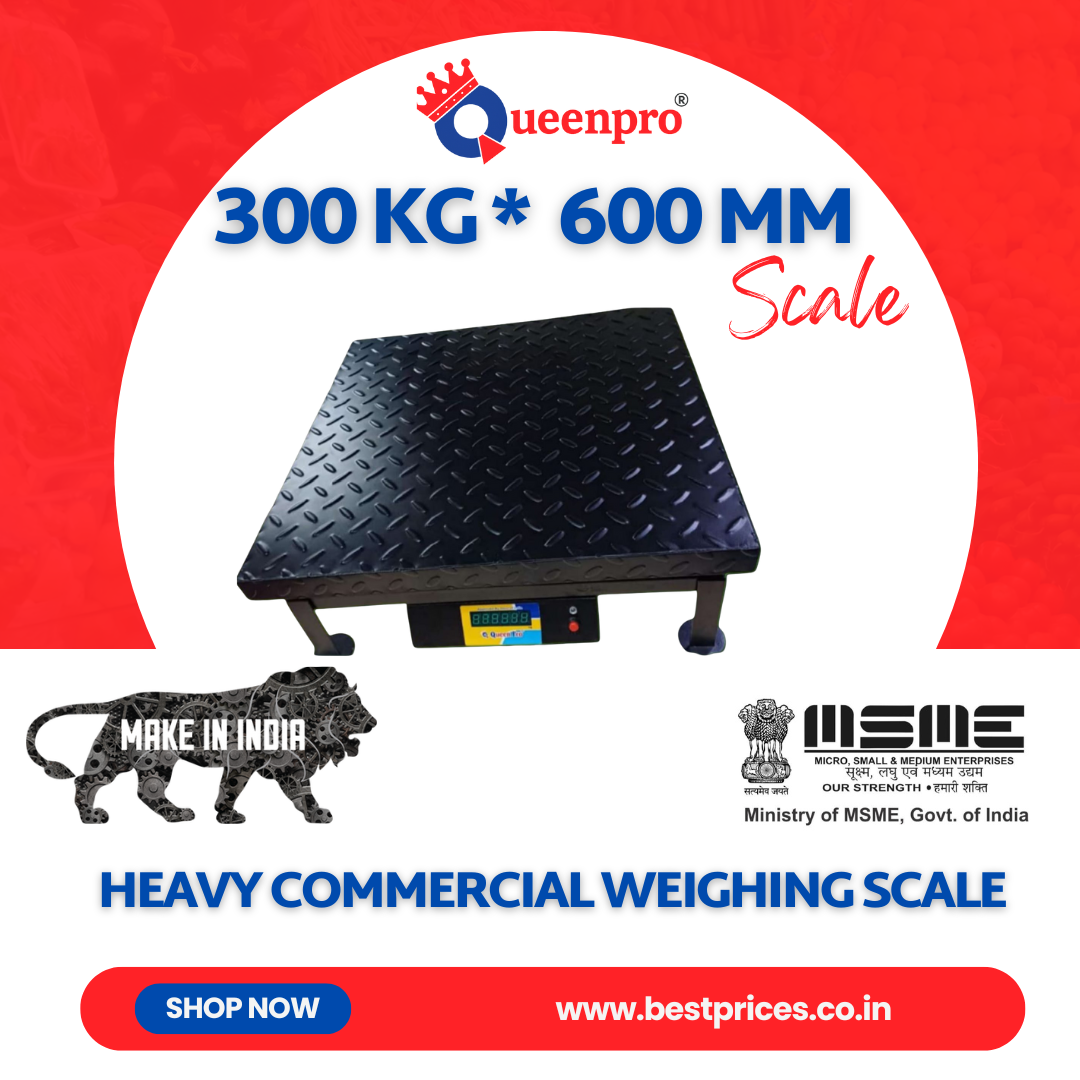 Queen Pro 300Kg Heavy Commercial Weighing Scale – 600×600mm Mild Steel Platform, 20g Accuracy, Digital Display, Direct Power + Battery, 1-Year Warranty